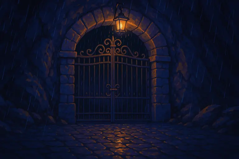 Di notte, sotto la pioggia, un cancello di ferro battuto chiude un arco di pietra. Sopra, una lanterna accesa.